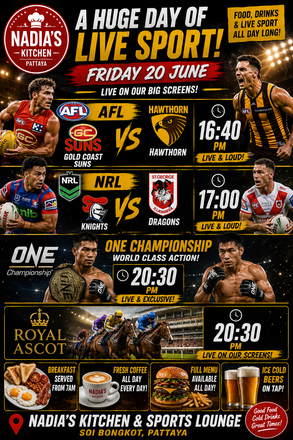Friday Live Sport — AFL Gold Coast Suns vs Hawthorn, NRL Knights vs Dragons, ONE Championship, Royal Ascot — Live at Nadia's