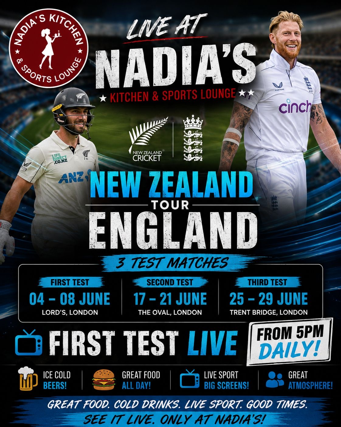 New Zealand Tour of England — 3 Test Matches at Nadia's