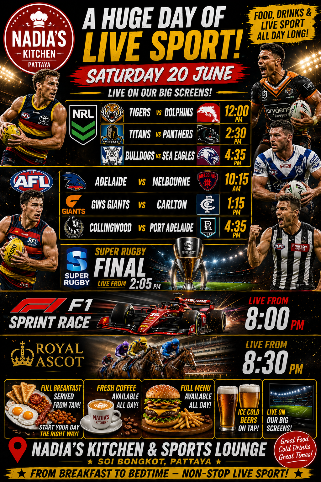 Saturday 20 June Huge Day of Live Sport — NRL Tigers vs Dolphins, Titans vs Panthers, Bulldogs vs Sea Eagles, AFL Adelaide vs Melbourne, GWS vs Carlton, Collingwood vs Port Adelaide, Super Rugby Pacific Final, F1 Sprint Race, Royal Ascot — Live at Nadia's