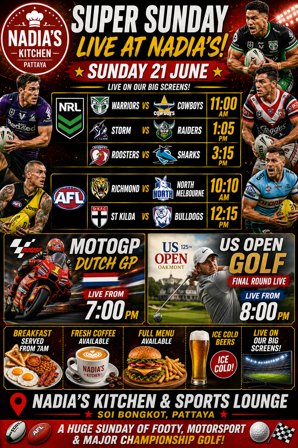 Super Sunday 21 June — NRL Warriors vs Cowboys, Storm vs Raiders, Roosters vs Sharks, AFL Richmond vs North Melbourne, St Kilda vs Bulldogs, MotoGP Dutch GP, US Open Golf Final Round — Live at Nadia's